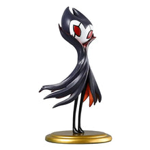 Figurine hollow knight grimm 20 cm en noir et blanc avec yeux rouges sur socle doré boîte illustrée disponible
