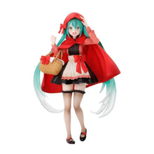 Figurine hatsune miku bandai 18 cm avec cape rouge, cheveux teal et panier tressé en tenue jupe noir et blanc