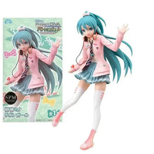 Figurine hatsune miku fashion bandai 23 cm avec veste rose jupe turquoise cheveux longs blancs chaussettes hautes et chaussures roses