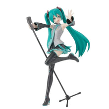 Figurine hatsune miku project diva 15th ver 18 cm avec cheveux teal tenue noire et teal tenant un micro sur pied