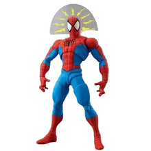 Figurine articulée héros araignée rouge et bleu avec un bouclier gris orné d’un motif d’éclair