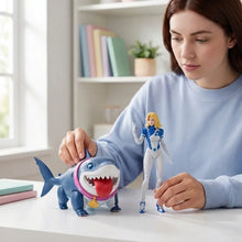 Figurines super heros rivals à construire avec modèle requin plastique bleu col rose et médaille dorée rivals model kit