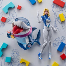 Figurines super heros rivals à construire avec un modèle kit armure bleue et blanche et requin bleu avec collier rose