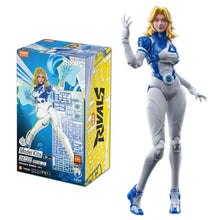 Figurine super héros rivaux kit à assembler avec personnage féminin en armure bleue et blanche en pose dynamique