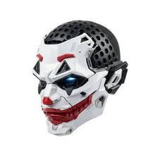Masque horreur halloween joker futuriste blanc et rouge avec haut noir perforé œil bleu lumineux et accents métalliques