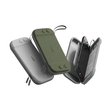 Housse de transport fine olive et grise compatible nintendo switch avec 10 emplacements pour jeux et boucle de transport