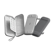 Housse de transport fine grise compatible nintendo switch avec coque rigide, compartiments moulés et dragonne