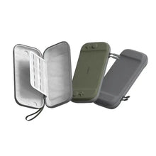 Housse de transport fine compatible nintendo switch en coque dure olive et grise avec fermeture éclair et emplacements pour jeux