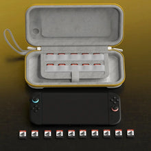 Housse rigide en simili cuir grise et jaune compatible nintendo switch avec 10 emplacements pour jeux et compartiments internes