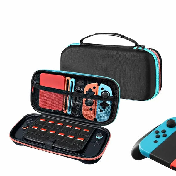 Housse rigide rouge et bleue pour console portable
