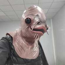 Masque intégral en caoutchouc rose de monstre poisson avec œil noir large et dents pointues pour halloween créature aquatique