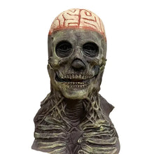 Masque intégral squelette en latex gris-vert avec cerveau visible et cage thoracique exposée pour halloween