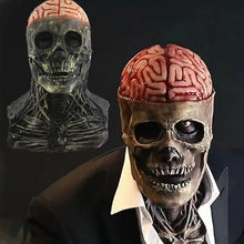 Masque intégral squelette en latex avec surface texturée gris-brun et cerveau rouge visible pour halloween