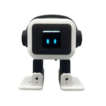 Robot interactif vocal blanc et noir avec écran carré et yeux led bleus lumineux connecté en wifi