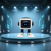 Robot interactif vocal blanc et noir avec écran et connexion Wi-Fi sur plateforme circulaire en ambiance futuriste