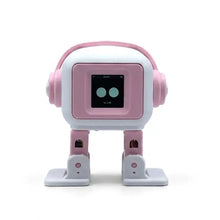 Robot interactif vocal rose et blanc avec écran carré affichant deux cercles verts et casque arrondi connecté en Wi-Fi