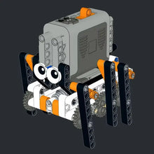 Robot spider gris blanc et orange en lego technic avec grands yeux noir et blanc pour jeu construction robot spider electrique