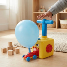 Jouet ballon air comprimé enfant avec base voiture jaune et rouge et ballon à air bleu attaché