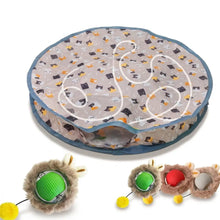 Jouet interactif chat balle cache-cache tunnel circulaire en tissu gris avec chats noirs et orange et bordure bleue