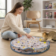 Jouet interactif chat balle balle cache-cache en plastique transparent rond avec bord bleu motifs chats noirs et balles jaunes