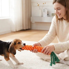 Jouet à mâcher chien carotte en corde tressée orange avec pampilles vertes pour chien aide à mastiquer