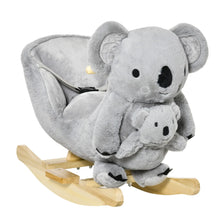 Koala à bascule sonore gris en tissu doux avec marionnette koala situé à l’avant et patins en bois clair