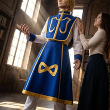 Costume cosplay kurapika hunter x hunter bleu et or avec manches blanches et col haut accessoires selon