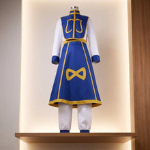 Costume anime kurapika cosplay hunter x hunter avec chemise blanche manches longues gilet bleu orné de nœud jaune et pantalon assorti