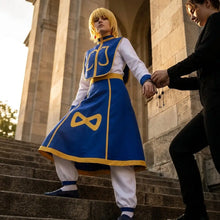 Costume anime kurapika cosplay bleu et or avec gilet brodé, manches blanches, jupe et pantalon assortis hunter x hunter