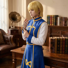 Dress cosplay kurapika hunter x hunter bleu et or avec manches longues blanches et accessoires selon