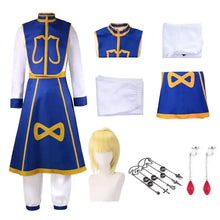 Costume anime kurapika cosplay hunter x hunter bleu et or avec accents blancs tunique manches longues jupe pantalon et accessoires selon
