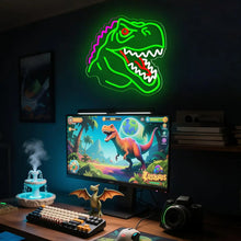 Lampe néon dinosaure t-rex avec tête verte lumineuse, contour rose et œil rouge pour décoration moderne