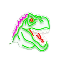 Lampe néon dinosaure t-rex avec tête verte lumineuse, crête rose en zigzag et œil rouge pour décoration unique