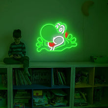 Lampe néon yoshi mario avec un néon yoshi mario vert vif et accents rouges sur les joues pour décoration murale
