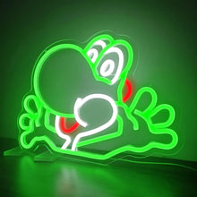 Lampe néon yoshi mario en néon vert avec accents blancs et rouges en forme de grenouille cartoon lumineuse