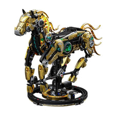 Modèle lego moc cheval mécanique doré avec engrenages complexes et accents verts translucides en lego technic