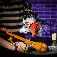 Lego moc chien magique harry potter avec train hogwarts express, chapeau noir et or, écharpe rouge et balai orange
