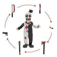 Lego moc clown terrifier en lego blanc et noir avec costume bicolore rouge et accessoires menaçants