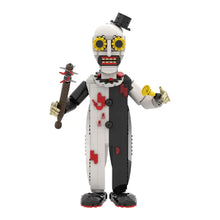 Lego moc clown terrifier en lego avec corps blanc et noir, yeux tournesol jaunes, détails rouges, tenant canne et cloche
