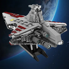 Lego moc destroyer stellaire classe venator gris et rouge avec armement détaillé et cockpit sur socle noir fond spatial