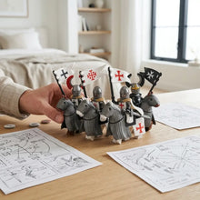 Un ensemble de cinq figurines lego moc médiévales montées avec bannières à croix rouges et symboles héraldiques