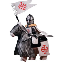 Lego moc figurines médiévales les croisades chevalier en armure en mailles argentée et blanche sur cheval avec drapeaux rouges