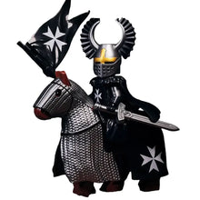 Figurine lego moc médiévale noire et argent avec casque à cornes et cape à croix blanche moc figurines