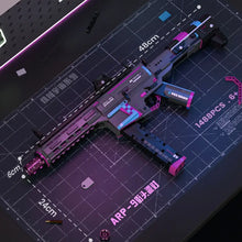 Lego moc fusil assault rifle model in matte black with pink and blue plastic interlocking pieces