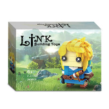 Lego moc Link breath of the wild figurine en blocs jaune et bleu avec cheveux blonds et épée