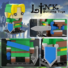 Figurine lego moc link breath of the wild verte et jaune avec bouclier bleu et épée en lego
