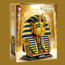 Lego moc masque toutankhamon en kit doré avec design rayé jaune et bleu et nez argenté détaillé