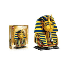 Lego moc masque toutankhamon en briques plastiques dorées et bleues avec détails complexes et rayures profondes