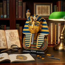 Lego moc masque toutankhamon représentant un masque de pharaon doré et bleu en briques plastique détaillées