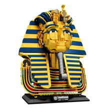 Lego moc masque toutankhamon en lego avec rayures dorées et bleues représentant le masque du pharaon